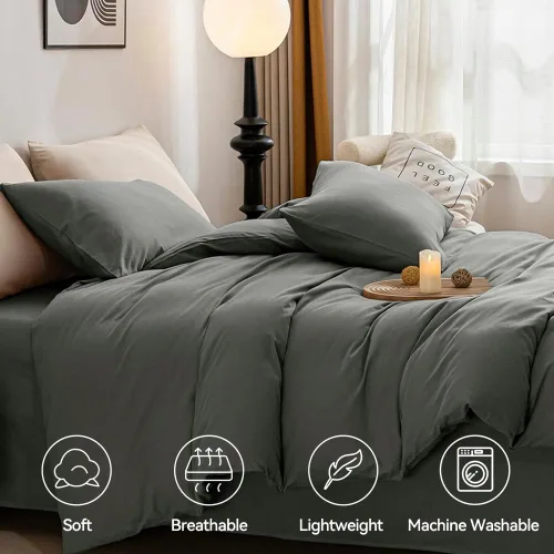 Vista 5 de JELLYMONI Funda de edredón gris tamaño King, funda de edredón 100% algodón lavado con textura similar al lino, juego de ropa de cama de 3 piezas