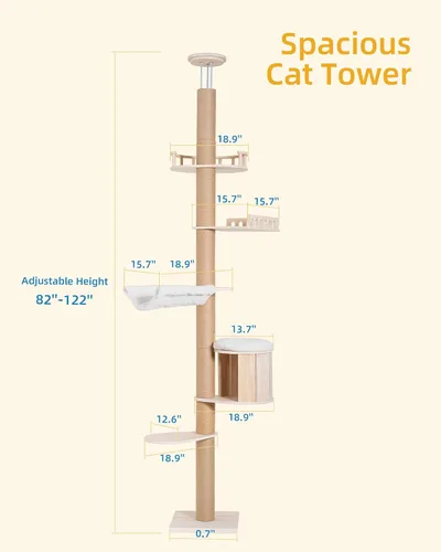 Vista 7 de Aechonow Árbol alto de piso a techo para gatos grandes, torre para gatos con poste rascador, altura ajustable (82-122 pulgadas), cama cueva grande