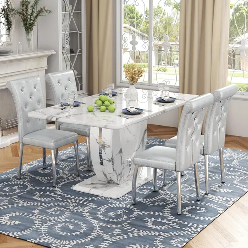 Vista 23 de Moderno juego de mesa de comedor de mármol sintético para 4, mesa de cocina rectangular blanca de 63 pulgadas con elegante base de pedestal