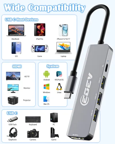 Vista 9 de Hub USB C 5 en 1 con HDMI 4K, adaptador USB C a HDMI, carga PD de 100 W, USB 3.0 5Gbps y 2 puertos USB 2.0, concentrador multipuerto tipo C