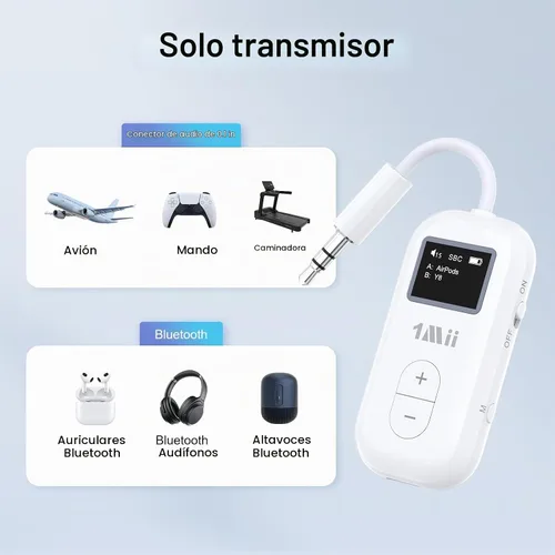 Vista 7 de 1Mii SafeFly Dual Adaptador Bluetooth de avión para AirPods o auriculares, transmisor Bluetooth con pantalla, control de volumen, aptX adaptable
