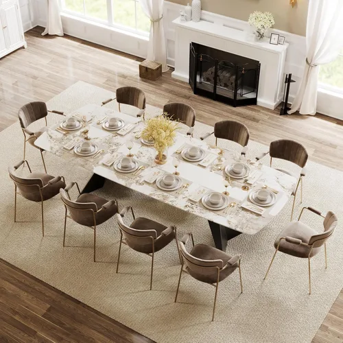 Vista 15 de Honyee Mesa de comedor de piedra sinterizada, mesa de comedor extensible con hojas, parte superior rectangular de aspecto de mármol, asientos 6-12