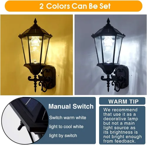 Vista 9 de Lámpara solar decorativa de pared para exteriores, linterna de pared impermeable del atardecer al amanecer, lámpara LED de montaje en pared, 21