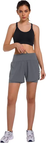 Vista 3 de Ksmien - Pantalones cortos 2 en 1 para mujer, ligeros, deportivos, con forro con bolsillos para teléfono, para correr, entrenar, ir al gimnasio