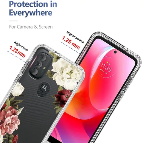 Vista 2 de Funda para Moto G Power 2022, Moto XT2165DL con protector de pantalla de vidrio templado, bonito patrón floral transparente de cuerpo completo