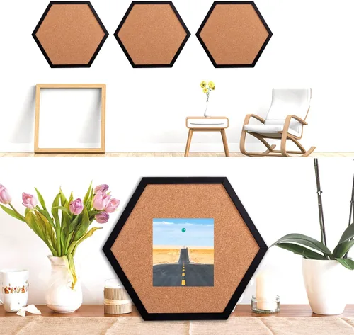 Vista 2 de Tablón de anuncios de corcho para paredes, tablero hexagonal de 1/2 pulgada de grosor para paredes con marco, corchete pequeño negro con 10 pines