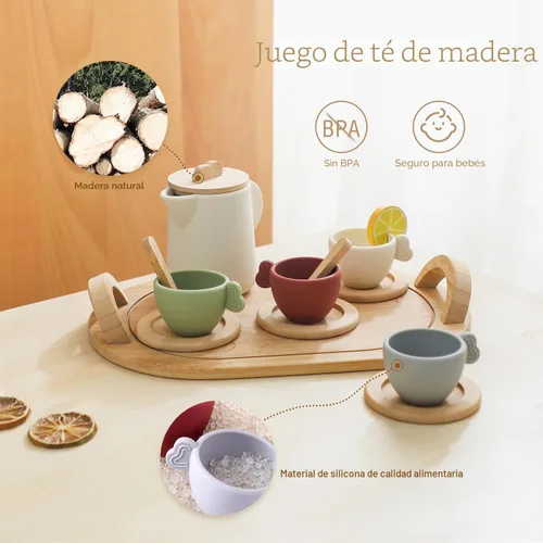 Vista 2 de Encantador Juego de Fiesta de Té de Madera - Tetera de Silicona, Tazas y Cuchara Recolectora - Perfecto para Fiestas de Té de Niñas Pequeñas y Juego