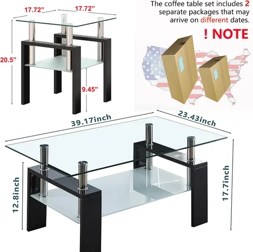 Vista 3 de Juego de 3 mesas auxiliares de cristal para sala de estar, mesa auxiliar de sofá con almacenamiento, patas de metal negro, mesa central rectangular
