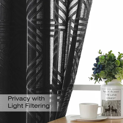 Vista 3 de Simplebrand Cortinas traslúcidas negras de cocina de 24 pulgadas de largo, 2 paneles, filtrado de luz, geométrico jacquard con textura, cortinas