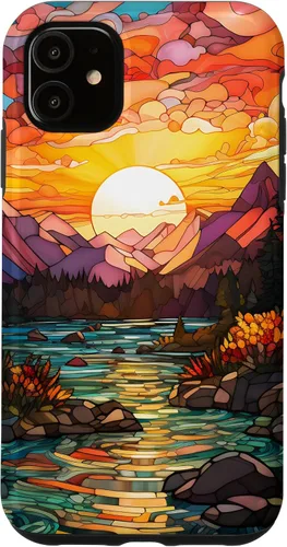 Vista 8 de Sunset Stained Glass Mosaic Landscape Scene Case for iPhone 17