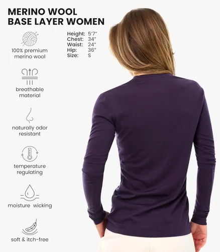 Vista 2 de 100% Merino Wool Base Layer Women - Thermal Merino Wool Shirt Women 190 morado oscuro
