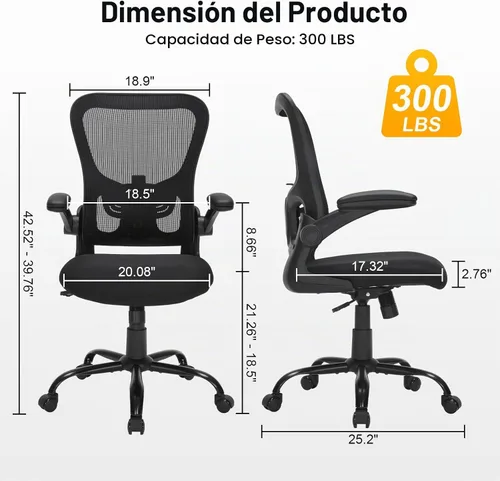 Vista 3 de Silla de oficina ergonómica de malla, soporte lumbar ajustable, brazos abatibles, silla giratoria para computadora con respaldo transpirable