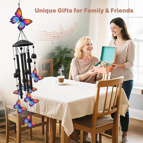 Vista 5 de Campanillas de Viento de Mariposa para Exteriores, Campanillas de Metal Negro al Aire Libre, Regalos de Mariposas para Mujeres/Hombres, Decoración