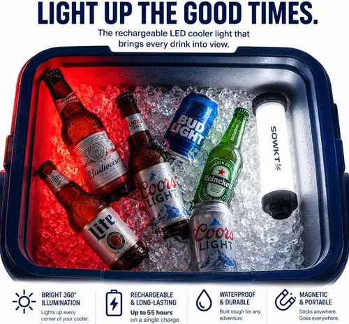 Vista 4 de SOWKT® Luz enfriadora impermeable – 55 horas de luz con una carga recargable LED – Accesorios de refrigeración compatibles con YETI, RTIC, ORCA