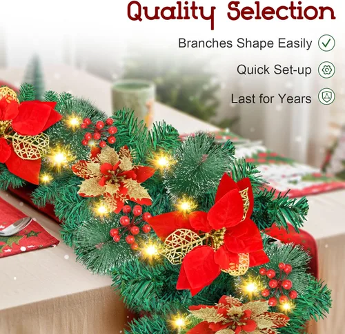 Vista 9 de Guirnalda de Navidad, guirnalda de Navidad con luces, decoración de Navidad, flores artificiales de ratán de 9 pies, decoración de Navidad