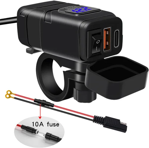 Vista 5 de Ankuee Cargador de teléfono USB para motocicleta, adaptador SAE a USB impermeable con voltímetro e interruptor de encendido/apagado, cargador doble