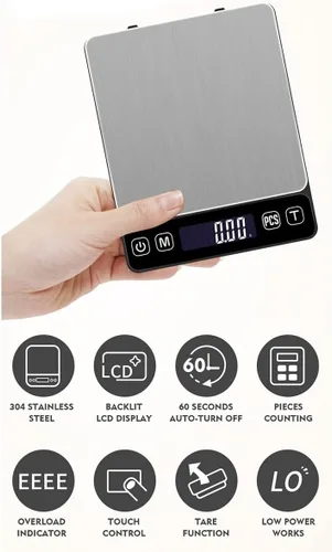 Vista 5 de Báscula digital de cocina, báscula digital de cocina de alimentos de acero inoxidable, pantalla LCD grande, apagado automático, función de tara