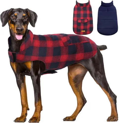 Vista 17 de Kuoser - Abrigo de invierno para perro reversible de estilo británico, abrigo de clima frío para cachorros, ropa resistente al viento, chaleco