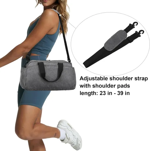 Vista 6 de Bolsa de gimnasio pequeña de 14 pulgadas para mujeres y hombres, mini bolsa de lona para viajes, deportes, bolsa de transporte ligera, color gris
