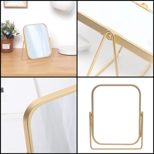 Vista 6 de Espejo de maquillaje de mesa dorado, espejo de tocador cuadrado de doble cara, espejo de escritorio para baño casero