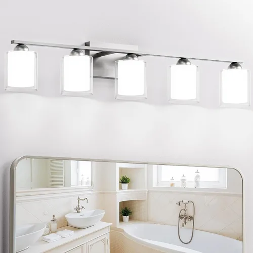 Vista 19 de Quntis Lámparas de baño de níquel cepillado con 5 modos de color, lámpara de tocador de baño moderna regulable de 3 luces sobre espejo, lámpara