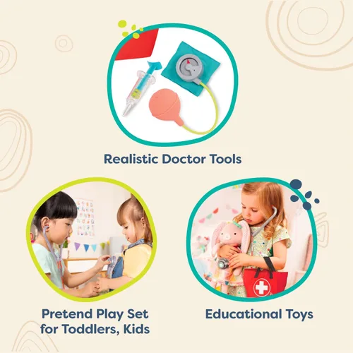 Vista 5 de B. toys Mini kit de cuidado médico con herramientas realistas para niños pequeños y niños - Juguetes educativos para juegos de rol y juego