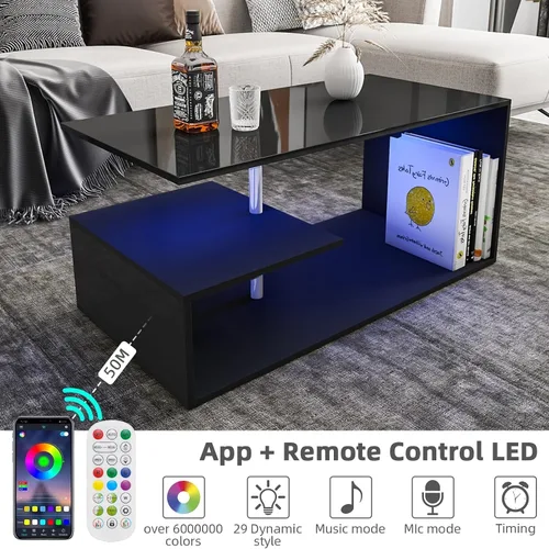 Vista 4 de HOMMPA Mesas de centro LED para sala de estar, moderna mesa de centro negra con forma de S de 3 niveles, estante de almacenamiento abierto, mesa