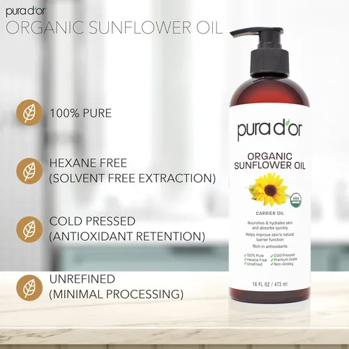 Vista 2 de PURA D'OR 16 Oz Aceite de semilla de girasol orgánico - 100% puro y natural Aceite portador prensado en frío certificado por USDA para belleza DIY