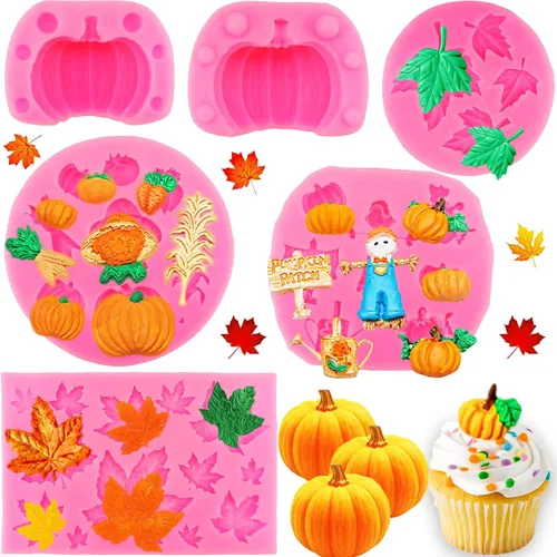 Vista 8 de 5 moldes de silicona para otoño, Acción de Gracias, calabaza, hojas de arce, fondant, mini calabaza 3D, chocolate, caramelo, pastel, pasteles