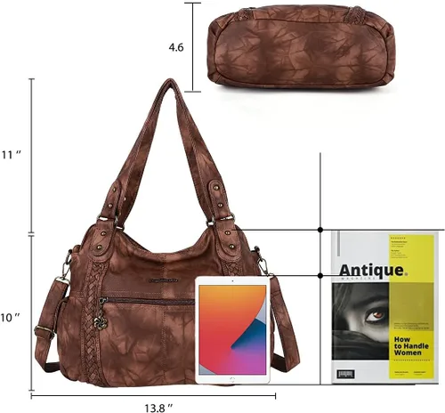Vista 263 de Angel Barcelo - Bolsa de hombro amplia para mujer, diseño Hobo, cuero lavado