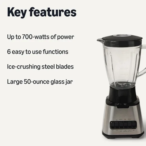 Vista 2 de Amazon Basics Licuadora de encimera de 6 tazas (50 onzas líquidas), con 6 funciones preprogramadas, pulso, trituración de hielo, cuchillas de acero