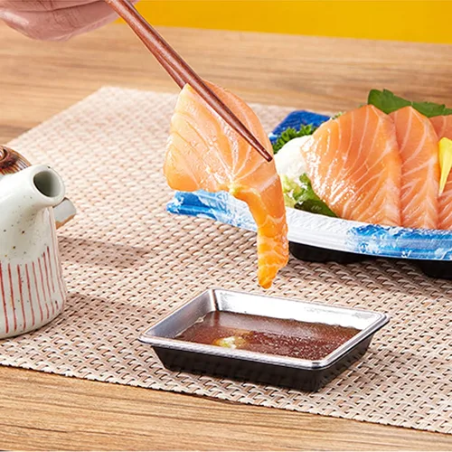 Vista 5 de QJFCare 100 platos rectangulares desechables para salsa, mini platos de postre para inmersión, plato de sopa para salsa de soja, platos de Plateado