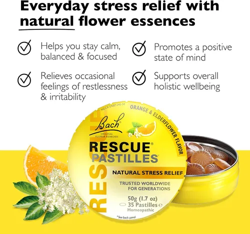 Vista 2 de Paquete de viaje para estrés y sueño, paquete de 3 unidades – Bach Rescue PASTILLES, sabor naranja y flor de saúco, 35 unidades [y] líquido