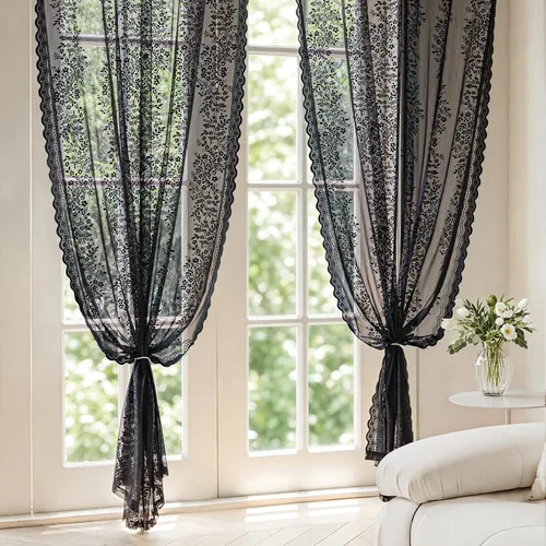 Vista 2 de Cortinas de encaje transparente negro floral de 84 pulgadas de largo, 2