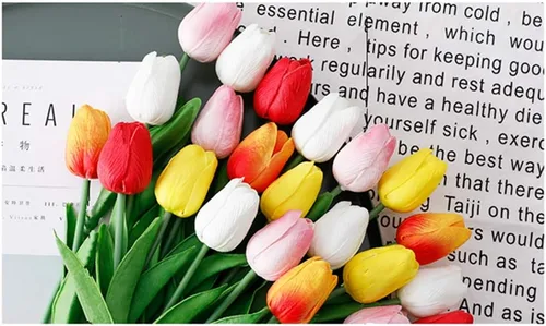 Vista 5 de Tulipanes artificiales de 12 piezas, de tacto real, tulipanes falsos de poliuretano, arreglo floral en ramo para decoración de fiesta en el hogar