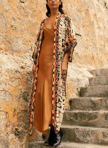 Vista 6 de RanRui Kimono de playa de gran tamaño con estampado Geometría de mujer Kimonos de rayón con cinturón para verano