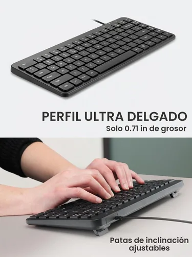 Vista 4 de Perixx PERIBOARD-414U - Mini teclado USB con cable, compacto, 12.24 x 5.32 x 0.71 pulgadas, Plug and Play, negro, diseño en inglés de EE. UU