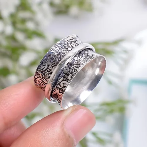 Vista 2 de DAMRU Spinner Ring For Women 925 Sterling Silver Plated Spinning Oxidized Handmade Concave Boho Band Fidget Rings- All Sizes