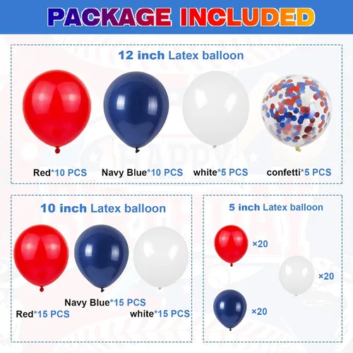 Vista 3 de Guirnalda de arco de globos de béisbol, 146 piezas de papel de aluminio de béisbol, guantes de látex de confeti rojo, blanco, azul marino, confeti
