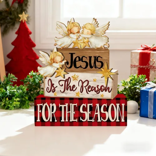Vista 7 de 4 Piezas de Decoraciones de Navidad para Interior - Decoración de Mesa de Ángel de Madera para el Hogar - Centro de Mesa de Navidad para la Mesa