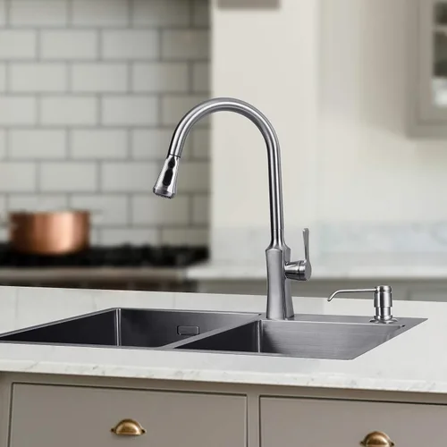 Vista 8 de GAGALIFE Dispensador de jabón para fregadero de cocina (níquel cepillado) y kit de tubo de extensión, cabezal completo de latón, tubo de silicona