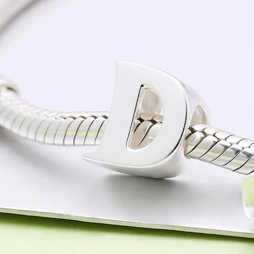 Vista 2 de Abalorio de plata de ley 925 con letra inicial de la A a la Z, se adapta a pulseras Pandora, collar, Plata esterlina