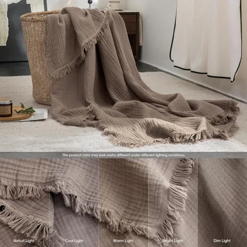 Vista 21 de FOSSA Manta de Muselina con Flecos - Gasa de Algodón 100% de 4 Capas Súper Suave y Transpirable - Manta Decorativa Ligera y Refrescante para Cama