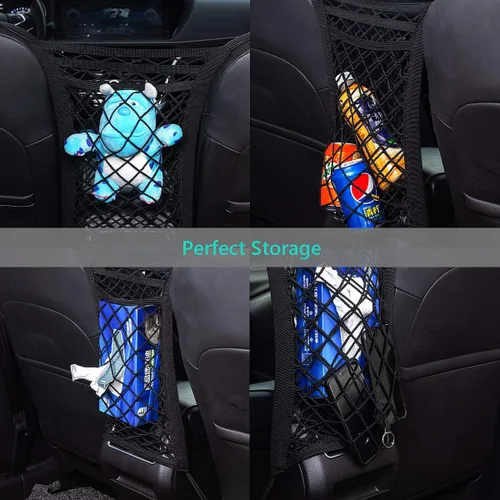 Vista 7 de Barrera de red para auto de 3 capas con organizador de malla de seguridad automática, bolsa de almacenamiento de malla elástica universal
