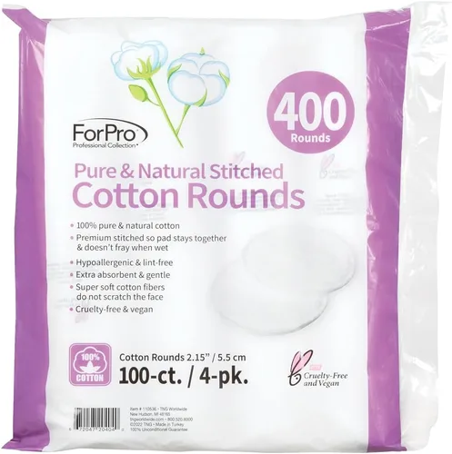 Vista 2 de ForPro Redondo de algodón cosido puro y natural para la cara (400 unidades), 100% algodón puro, almohadillas desmaquillantes, hipoalergénicas, sin