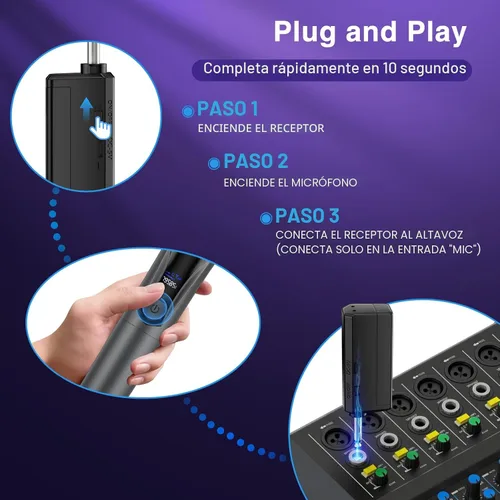 Vista 4 de Micrófono inalámbrico, sistema profesional de micrófono dinámico inalámbrico de mano dual con receptor recargable, Plug & Play, compatible
