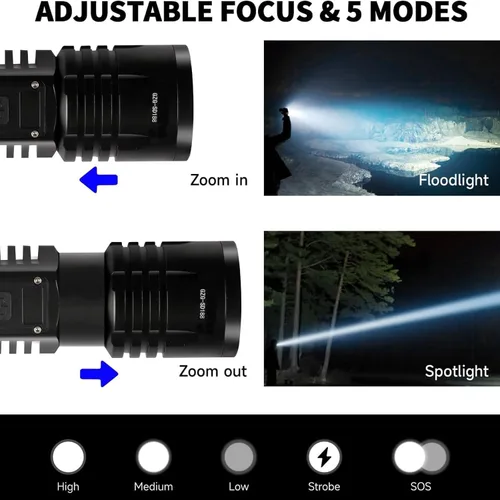 Vista 7 de Linternas LED Recargables de Alto Lúmenes, Linterna de 10000mAh de Alta Potencia Impermeable Más Brillante Linterna Zoomable con Foco