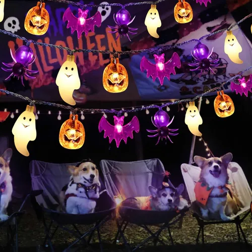 Vista 5 de Cadena de luces de Halloween con energía solar, 40 LED, 8 modos, resistente al agua, encendido/apagado automático, para uso en exteriores