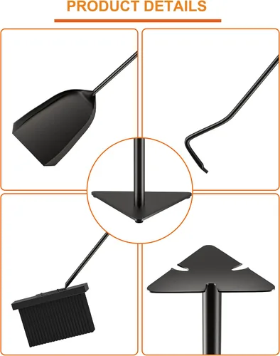 Vista 6 de Tomersun Juego de herramientas para chimenea de 23 pulgadas para interiores, 4 piezas, herramientas de chimenea con póquer, pala, escoba, soporte