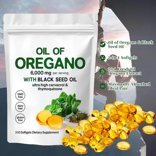 Vista 5 de Aceite de orégano con aceite de semilla negra, cápsulas de aceite de orégano 2 en 1 orgánicas, 6000 mg por porción, 300 cápsulas blandas, carvacrol